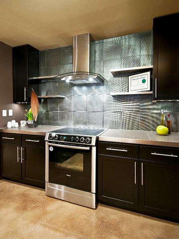 Metallic Tiled For Futuristic Metallic Tile Backsplash Idea For Black Themed Kitchen Set In I Shaped Layout With Bright Countertop Kitchens Cozy Kitchen Backsplash With Sleek Cabinet And Chic Kitchen Tools