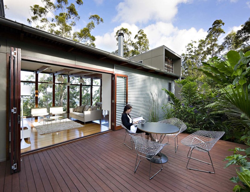 Gray Modular And Glorious Gray Modular Outdoor Table And Perforated Chairs Installed On Wooden Striped Floor Outside Storrs Road Residence Decoration Amazing Floating Deck Concept For Luminous Modern House