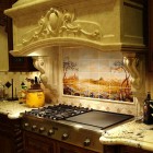 Tuscany Home Enhanced Glorious Tuscany Home Kitchen Idea Enhanced With Scenery Patterned Backsplash Idea With Engraved Hood Idea Kitchens Cozy Kitchen Backsplash With Sleek Cabinet And Chic Kitchen Tools