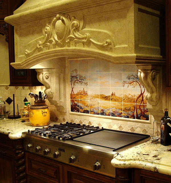 Tuscany Home Enhanced Glorious Tuscany Home Kitchen Idea Enhanced With Scenery Patterned Backsplash Idea With Engraved Hood Idea Kitchens  Cozy Kitchen Backsplash With Sleek Cabinet And Chic Kitchen Tools