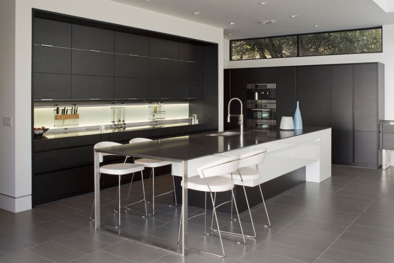 Dark Kitchen Soft Glossy Dark Kitchen Cabinet And Soft Kitchen Backsplash Light In Skyline House Dark Stone Floor Metallic White Kitchen Island And White Bar Stools Dream Homes Affordable Modern Prefabricated Home With Concrete And Glass Structures