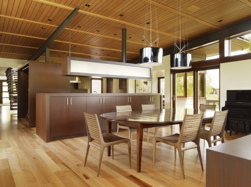 Modular Pendant Wood Glossy Modular Pendant Light Above Wood Glossy Dining Table And Wood Striped Chairs On Wood Floor Installed In Peaks View House Architecture Beautiful Contemporary Home With Outdoor Dining Room And Semi-Open Terrace