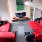 Family Room Swanwick Gorgeous Family Room Design Of Swanwick Ranch With Red Colored Sectional Sofa And Several Black Colored Pillows Dream Homes Captivating Ranch Home Design In Trendy Contemporary Style