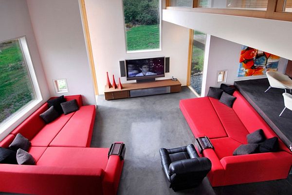 Family Room Swanwick Gorgeous Family Room Design Of Swanwick Ranch With Red Colored Sectional Sofa And Several Black Colored Pillows Dream Homes Captivating Ranch Home Design In Trendy Contemporary Style