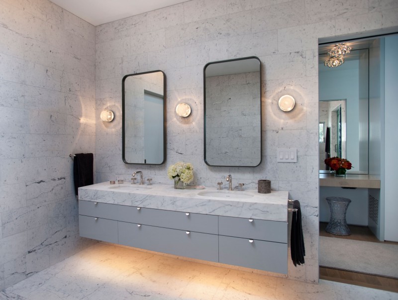 Grey Vanity Modern Gorgeous Grey Vanity In The Modern Family Residence Bathroom With Granite Countertop And Some White Sinks Dream Homes  Duplex Contemporary Concrete Home With Outdoor Green Gardens For Family