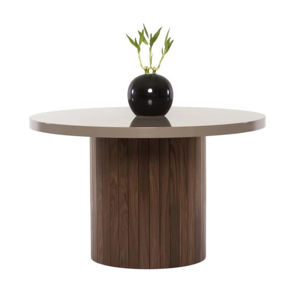 Round Wooden Displaying Gorgeous Round Wooden Coffee Table Displaying Wood Plank Tube Shaped Leg And Brown Lacquered Countertop Furniture Beautiful Lacquer Furniture With Hip And Glossy Surface