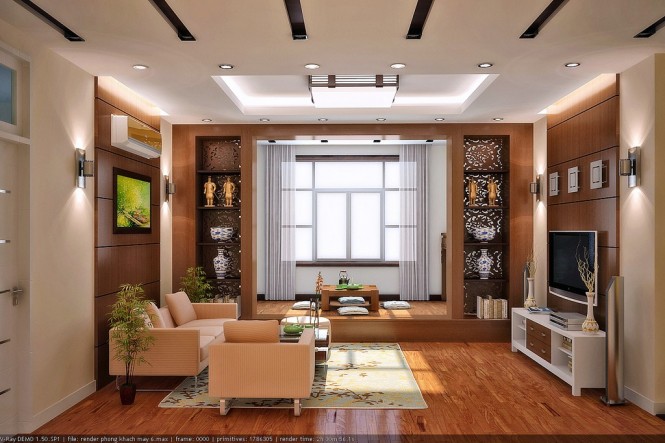 Vu Khoi And Gorgeous Vu Khoi Living Room And Den Design Interior With Beige Small Sofa Furniture And Wooden Flooring Decoration Ideas Decoration 13 Modern Asian Living Room With Artistic Wall Art And Wooden Floor Decorations