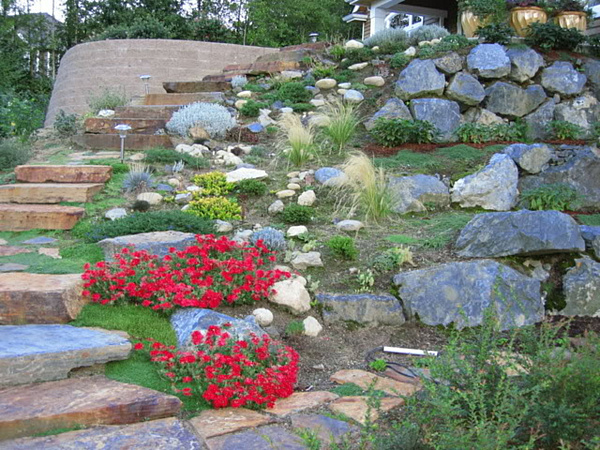 Stone Stair Rock Great Stone Stair Design In Rock Garden Terrace Slope Ideas That Red Flower Make Pretty The Garden Area Garden 17 Amazing Garden Design Ideas With Rocks And Stones Appearance