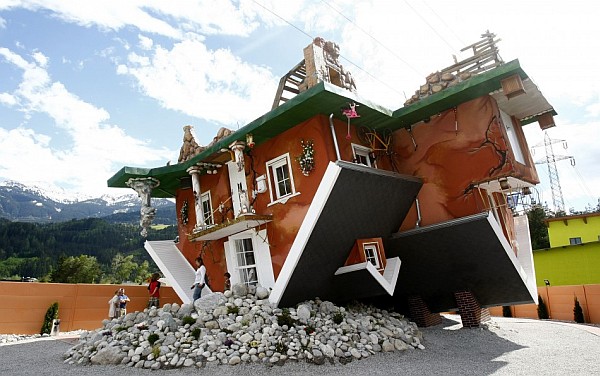 Upside Down Austria Great Upside Down House Terfens Austria In Oblique Pattern And Stones Make Nice In The Terrace Area Decoration Stunning And Beautiful Home Design Upside Down In Tornado