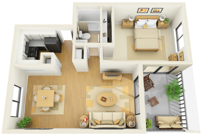 3d Layout One Iconic 3D Layout Of Modern One Apartment Floor Plans Including Detail Living Space And Neat Furniture Placement In Detail Bedroom 12 Stylish One Bedroom Apartment Floor Plans In Pretty White Theme