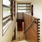 Wooden Rails Cream Impressive Wooden Rails On Light Cream Staircase Installed In Peaks View House Completed With Ceiling Lamp And Wood Glass Windows Architecture Beautiful Contemporary Home With Outdoor Dining Room And Semi-Open Terrace