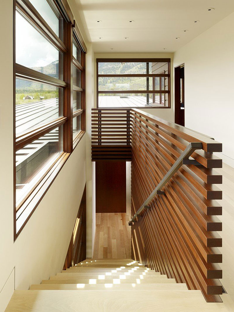 Wooden Rails Cream Impressive Wooden Rails On Light Cream Staircase Installed In Peaks View House Completed With Ceiling Lamp And Wood Glass Windows Architecture  Beautiful Contemporary Home With Outdoor Dining Room And Semi-Open Terrace