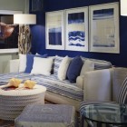 Blue Navy Beauitified Incredible Blue Navy Painted Wall Beautified With Mural Wall Art In Contemporary Living Room Furnished White Blue Striped Chaise Sofa Dream Homes Comfortable And Elegant Chaise Sofa For Corner Decorations