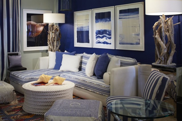 Blue Navy Beauitified Incredible Blue Navy Painted Wall Beautified With Mural Wall Art In Contemporary Living Room Furnished White Blue Striped Chaise Sofa Dream Homes Comfortable And Elegant Chaise Sofa For Corner Decorations