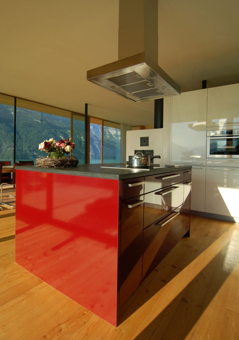 Kitchen Design Am Incredible Kitchen Design Of Wohnhaus Am Walensee Residence With Dark Brown Kitchen Island Which Has Grey Surface Made From Marble Architecture  Beautiful Rectangular Lake Home With Wood And Concrete Elements