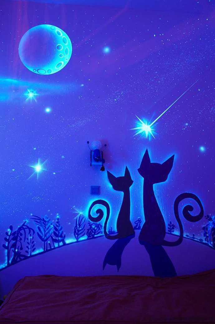 View Of Of Incredible View Of A Couple Of Cats As Glow In The Dark Decal Attached On The Wall Of Bedroom For Kids Center Wall Bedroom  Stunning Bedroom Decoration With Glow In The Dark Paint Colors