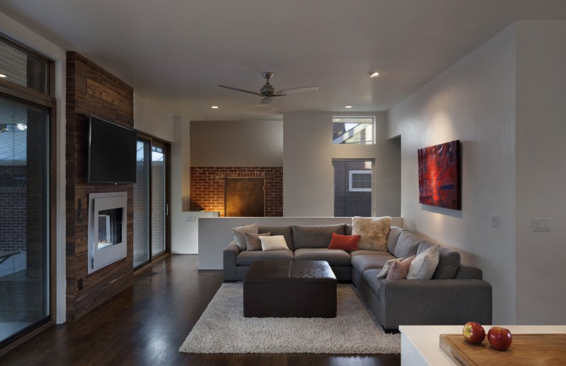 White Fireplace Striped Incredible White Fireplace On Wooden Striped Center Wall With Shift Top House Idea Completed Gray Sofa Dream Homes Contemporary Three-Level Home With Stylish And Dramatic Grey Furniture