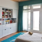 Minimalist Bookcase Kids Innovative Minimalist Bookcase In Appealing Kids Bedroom Sheer Drape Glass Door Small Bed Blue Fur Rug On Wood Floor Bedroom 20 Creative Storage Solutions For Small Bedroom Organization Ideas