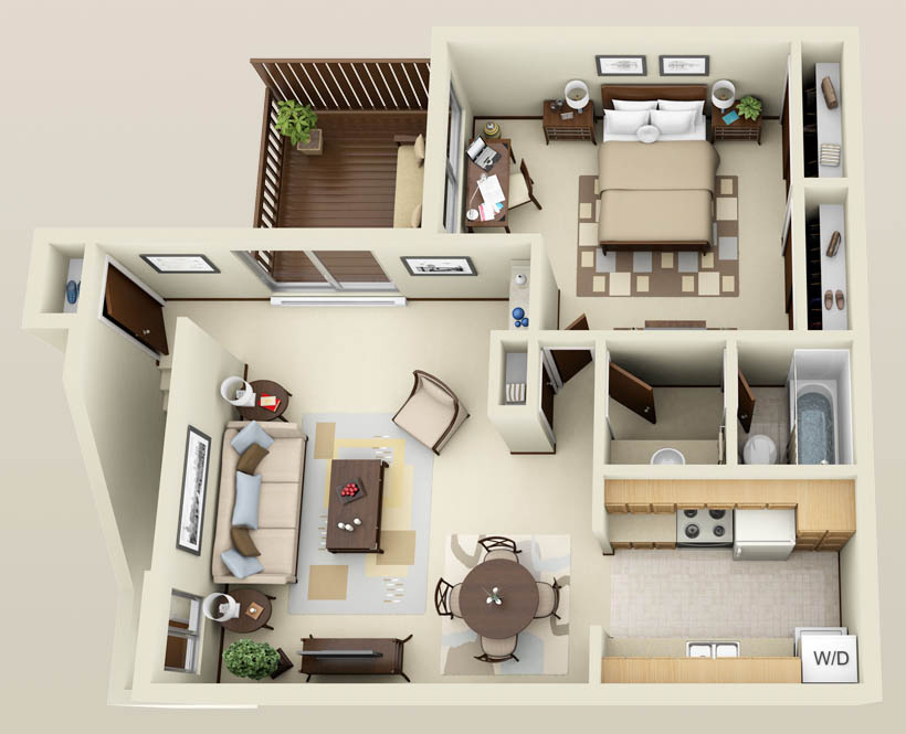 One Apartment 3d Innovative One Apartment Floor Plans With 3D Furniture And Interior Design Presenting Virtual View Of Modern Living Space Bedroom 12 Stylish One Bedroom Apartment Floor Plans In Pretty White Theme