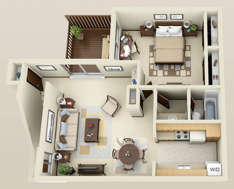 One Apartment 3d Innovative One Apartment Floor Plans With 3D Furniture And Interior Design Presenting Virtual View Of Modern Living Space Bedroom  12 Stylish One Bedroom Apartment Floor Plans In Pretty White Theme