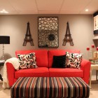 Red Sofa Bedding Inspiring Red Sofa Beautified Striped Bedding Living Desk On Cream Carpet Installed In Modern Basement With Double Nightstand Decoration 20 Vibrant And Bright Red Sofas For Chic Living Room With Personality