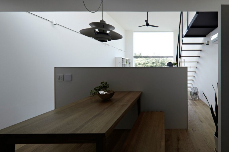 White Decorative Above Inspiring White Decorative Pendant Lamp Above Wooden Dining Desk With White Interior Design In Hiyoshi Residence Architecture  Beautiful Minimalist Home Decorating In Small Living Spaces