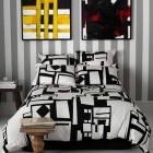 Exclusive Design White Interesting Exclusive Design Black And White Duvet Covers With Wooden Stools Near It Installed On Wooden Striped Glossy Floor Bedroom Cozy Black And White Duvet Covers Collection For Comfortable Bedrooms