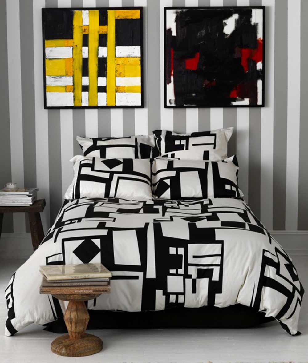 Exclusive Design White Interesting Exclusive Design Black And White Duvet Covers With Wooden Stools Near It Installed On Wooden Striped Glossy Floor Bedroom Cozy Black And White Duvet Covers Collection For Comfortable Bedrooms