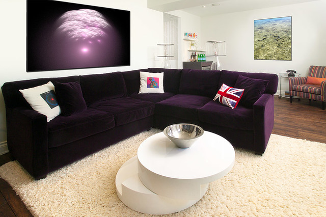 Media Room Sofas Interesting Media Room With Purple Sofas Under Led TV And Fur Rug Accompany Circle Table Feat Porcelain Decoration 20 Whimsical Purple Sofa Furniture For Gorgeous Interior Appearance