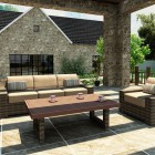 Patterned Concrete Modern Interesting Patterned Concrete Wall In Modern Patio Outside House Installed With Rattan Outdoor Sofa And Wooden Striped Desk Decoration Various Outdoor Sofa Furniture For Modern Home Exteriors