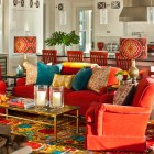 Red Sofa Colored Interesting Red Sofa With Assorted Colored Bedding Pillows And Wooden Glossy Desk In Eclectic Family Room Decoration 20 Vibrant And Bright Red Sofas For Chic Living Room With Personality