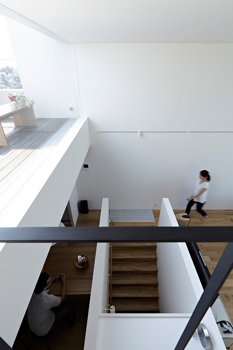 Wooden Striped With Interesting Wooden Striped Ladder Installed With Wooden Railing In White Painting With White Interior Design In Hiyoshi Residence Architecture Beautiful Minimalist Home Decorating In Small Living Spaces