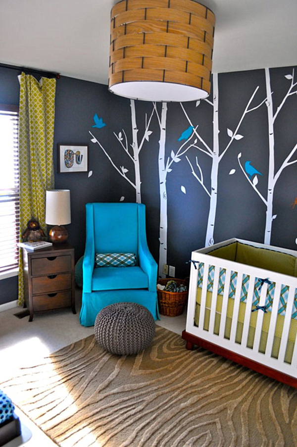 Woodland Nursery Interior Lavish Woodland Nursery Room Design Interior With Minimalist Space With Blue Small Sofa Furniture In Traditional Style Kids Room Colorful Baby Room With Essential Furniture And Decorations