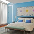 Blue Bedroom Abstract Light Blue Bedroom Ideas With Abstract Wall Mural Low Profile Bed Cushy Padded Bench Minimalist Cabinet Round Glass Bedside Tables Bedroom 20 Stunning Blue Bedroom Ideas With Vintage Cover Decorations