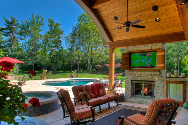 Patio Design House Lovely Patio Design At Traditional House With TV Cabinet And Outdoor Fireplace Also Striped Sofa And Armchair Designs Decoration  20 Elegant And Beautiful TV Cabinets Made Of Wooden Material And Elements