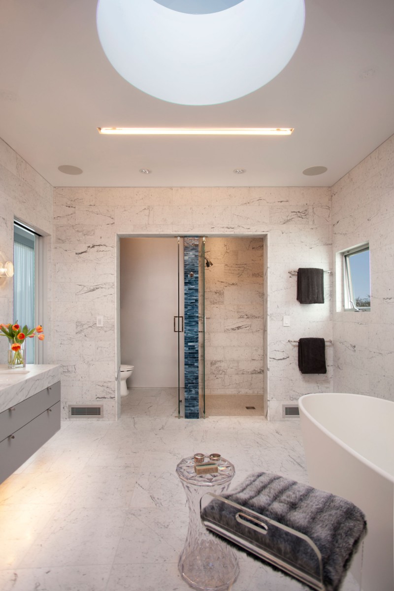 Details In Family Luxurious Details In The Modern Family Residence Bathroom With Grey Vanity And White Tub Near Glass Stools Dream Homes Duplex Contemporary Concrete Home With Outdoor Green Gardens For Family