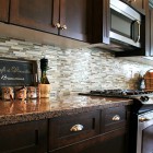 I Shaped Idea Luxurious I Shaped Home Kitchen Idea Furnished With Dark Brown Cabinets Beautified With Glass Mosaic Backsplash Kitchens Cozy Kitchen Backsplash With Sleek Cabinet And Chic Kitchen Tools