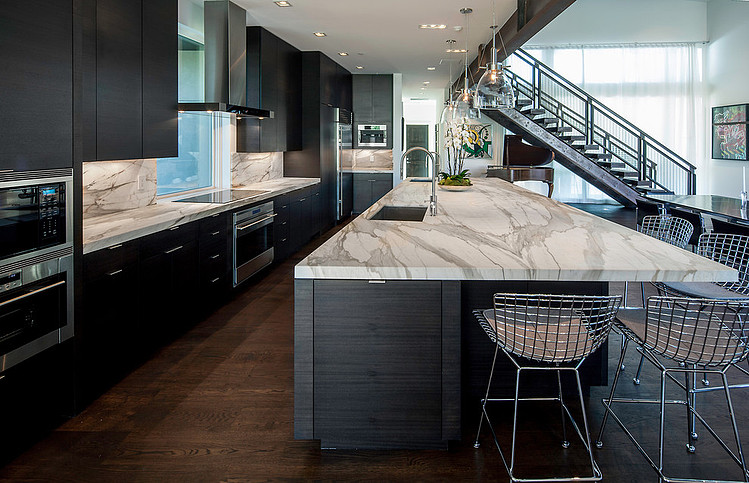 Marble Covering Cabinetry Luxurious Marble Covering Black Painted Cabinetry And Island In Park City Residence Jaffa Group Kitchen Dream Homes Captivating Home Design With Grey Exterior Surrounded By Green Lawn