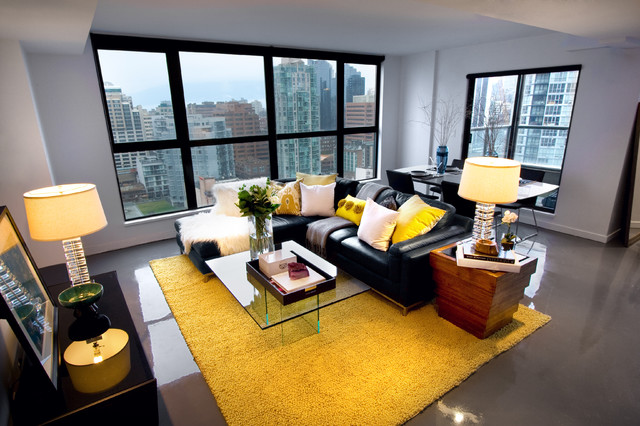 Living Room Carpet Magnificent Living Room With Yellow Carpet And Black Sofas Feat Nice Pillows That Glass Windows Showing Outside View Decoration Dramatic Yet Elegant Bold Black Sofas For Exquisite Interior Decorations