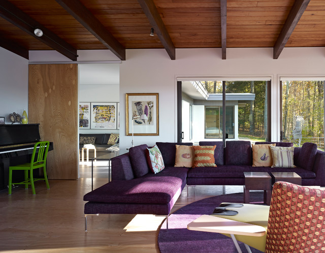 Midcentury Living Purple Magnificent Mid Century Living Room With Purple Sofas That Circle Carpet Feat Twin Coffee Table In Woods Materials Decoration 20 Whimsical Purple Sofa Furniture For Gorgeous Interior Appearance