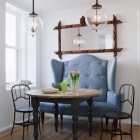 Traditional Dining With Marvelous Traditional Dining Room Design With Soft Blue Colored Small Wing Back Sofa And Several Globe Shaped Pendant Lamps Decoration Lovely And Small Sofa Furniture Examples For Your Inspiration