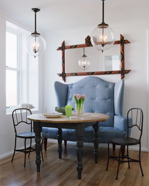 Traditional Dining With Marvelous Traditional Dining Room Design With Soft Blue Colored Small Wing Back Sofa And Several Globe Shaped Pendant Lamps Decoration Lovely And Small Sofa Furniture Examples For Your Inspiration