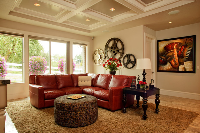 Traditional Media With Marvelous Traditional Media Room Design With Sectional Red Leather Sofa And Dark Brown Colored Desk Made From Wood Furniture  Outstanding Living Room Furnished With A Red Leather Couch Or Sofa Sets