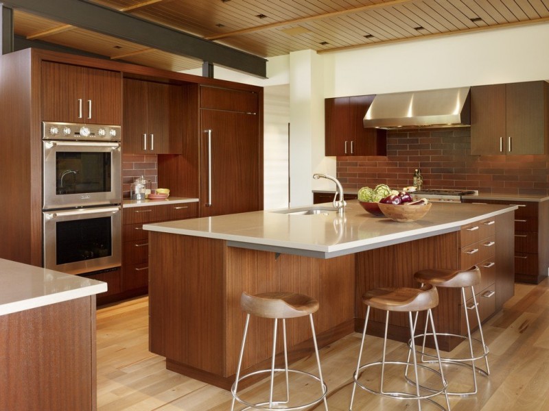 Wooden Accents Kitchen Marvelous Wooden Accents On Modern Kitchen Using Glossy Kitchen Island With Stools On Wood Floor Of Peaks View House Architecture  Beautiful Contemporary Home With Outdoor Dining Room And Semi-Open Terrace