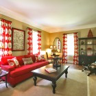 Red White On Mesmerizing Red White Patterned Drapes On White Wooden Glass Windows Behind Red Sofa Installed In Asian Living Room Decoration 20 Vibrant And Bright Red Sofas For Chic Living Room With Personality