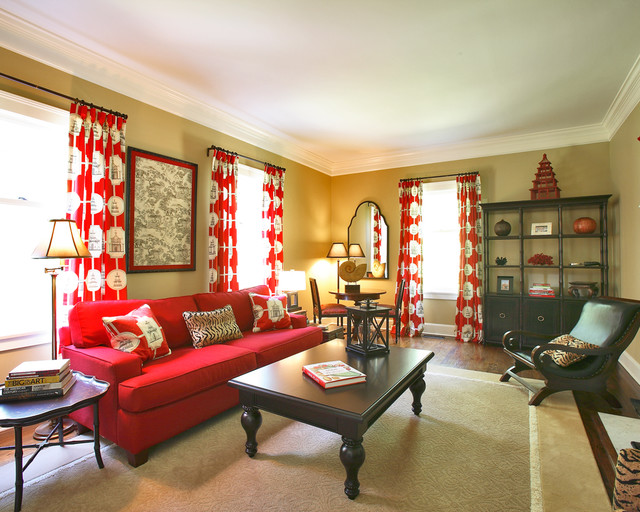 Red White On Mesmerizing Red White Patterned Drapes On White Wooden Glass Windows Behind Red Sofa Installed In Asian Living Room Decoration  20 Vibrant And Bright Red Sofas For Chic Living Room With Personality