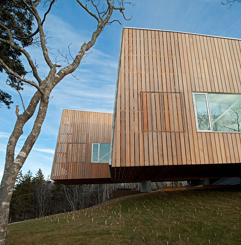 Exterior View Hulls Minimalist Exterior View Of Two Hulls House With Wooden Wall And Wide Glass Windows Above Grass Yard Dream Homes Stunning Cantilevered Home With Earthy Tones Of Minimalist Interior Designs