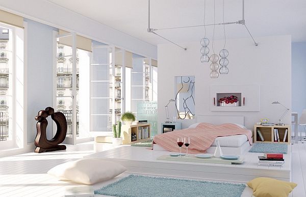 White Penthouse Pink Minimalist White Penthouse Bedroom With Pink Bed Cover And Pendant Lamps Make Stylish The Interior Design Bedroom Sleek Bedroom Design In Elegant Modern Home Style