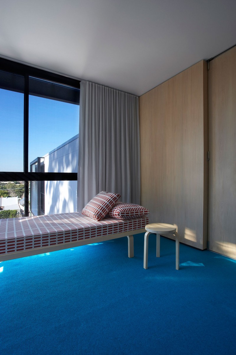 Bedroom With Bed Modern Bedroom With Modern Small Bed And Wood Bar Stools Large Glass Window Stylish Wood Wardrobe Blue Carpet In Luff Residence Architecture Astonishing Contemporary Concrete Home With Minimalist Interior Features