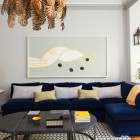 Design Of Applied Modern Design Of Living Room Applied Navy Blue Sectional Sofa And Extending Coffee Table Plus Leaf Chandelier Furniture Beautiful Blue Sectional Sofas To Making A Cozy And Comfortable Interiors